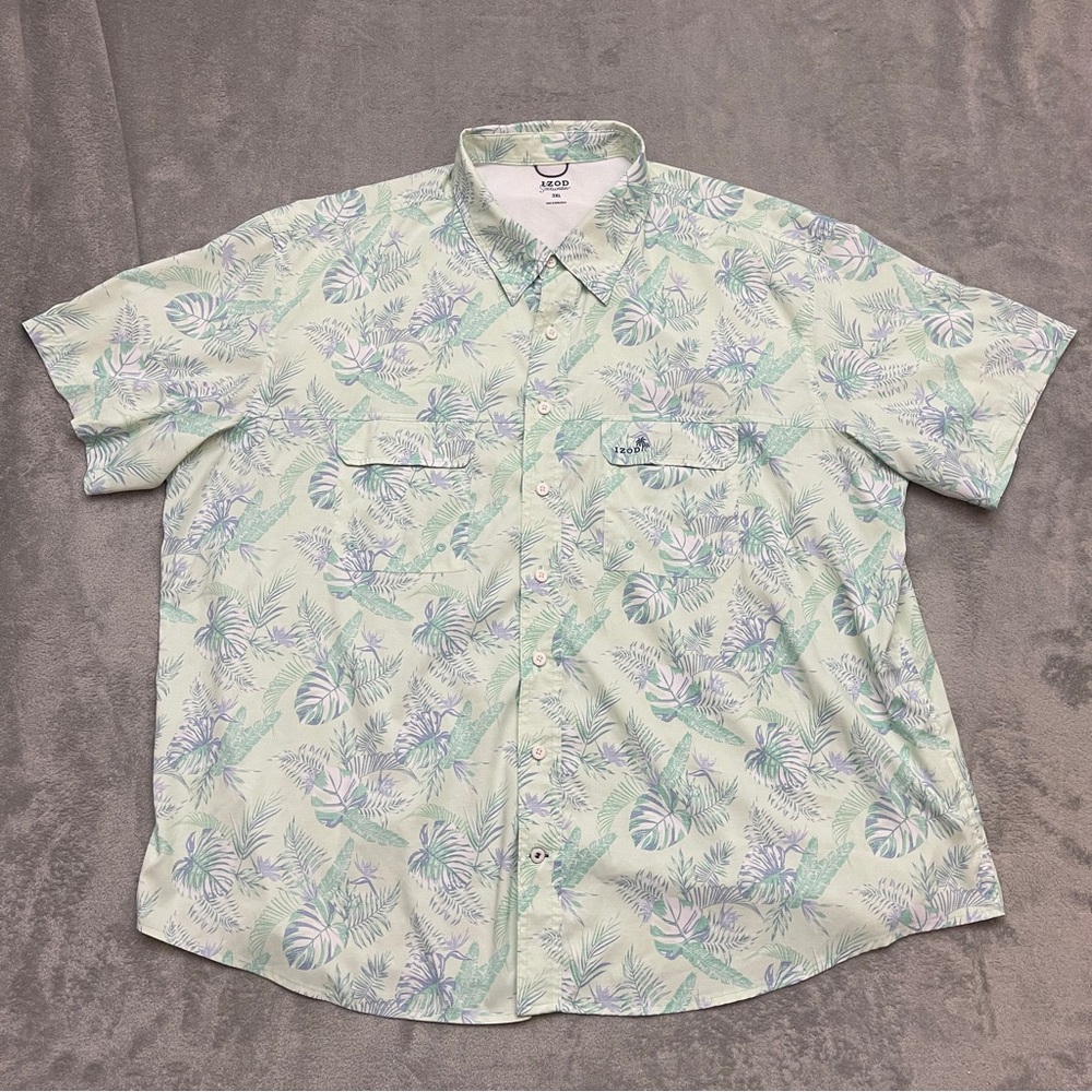 Izod Saltwater Button Down Short Sleeve Shirt Green Tropical Hawaiian Mens 3XL